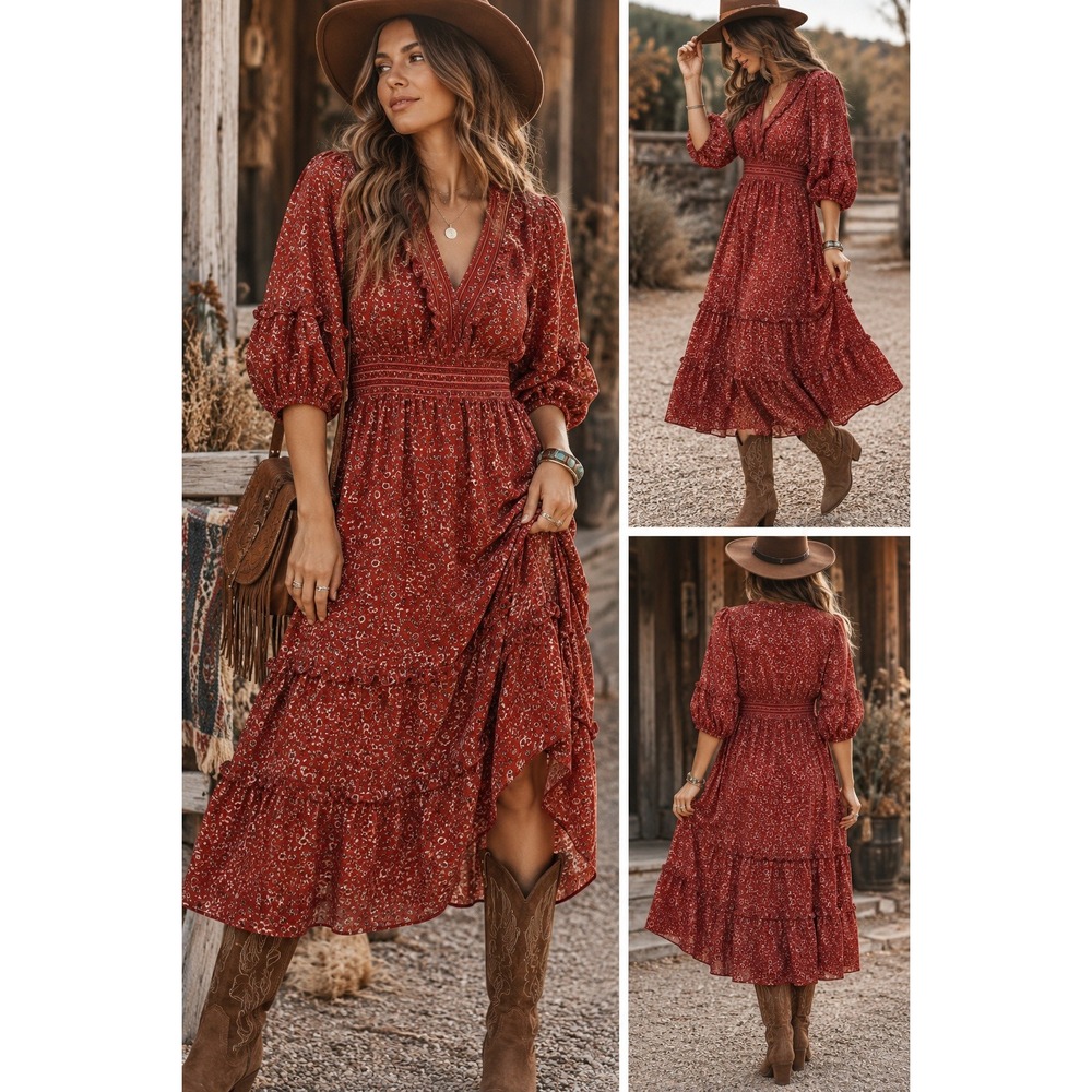 Max Studio Midi Dress Womens M Red Orange Floral Smocked Puff Sleeve Fall Boho